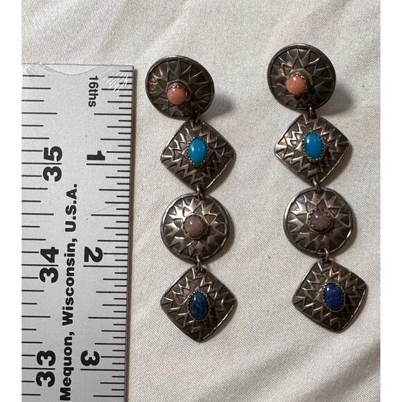 Multi Gemstone Earrings  Silver Southwestern Dangle Pierced - Picture 2 of 7